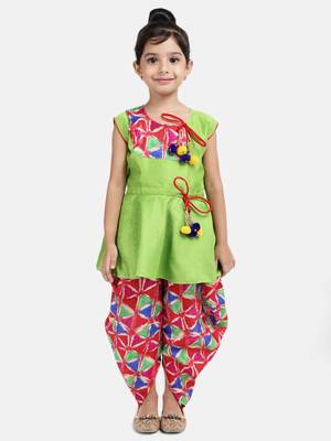 Green Printed Silk Blend Girls Top Bottom 1