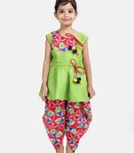 Green Printed Silk Blend Girls Top Bottom