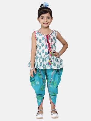 White Printed Cotton Girls Top Bottom 1