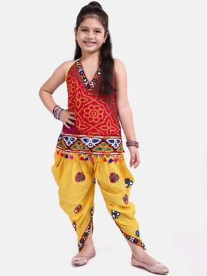 Red Printed Cotton Girls Top Bottom 1