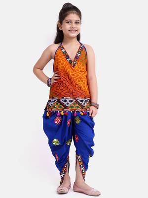 Orange Printed Cotton Girls Top Bottom 1