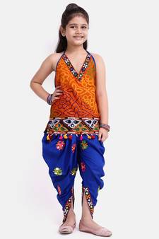 Orange Printed Cotton Girls Top Bottom