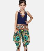 Blue Printed Cotton Girls Top Bottom