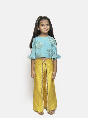 Blue Printed Silk Blend Girls Top Bottom 1