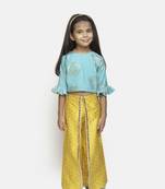 Blue Printed Silk Blend Girls Top Bottom