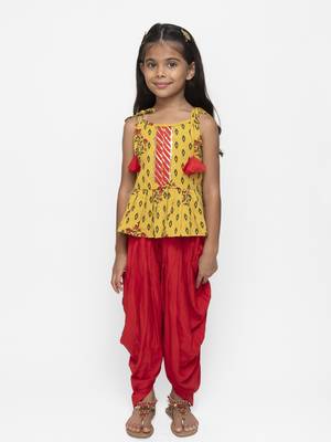 Yellow Printed Cotton Girls Top Bottom 1