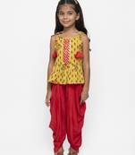 Yellow Printed Cotton Girls Top Bottom