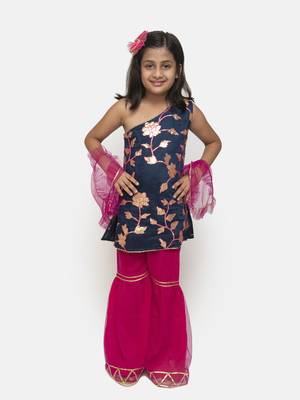 Blue Printed Blended Cotton Girls Top Bottom 1