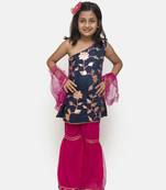 Blue Printed Blended Cotton Girls Top Bottom