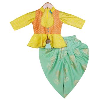 Yellow, Orange, Sea Green Peplum Top with Dhoti 1