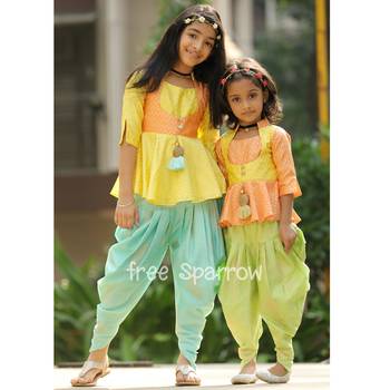 Yellow, Orange, Sea Green Peplum Top with Dhoti 4