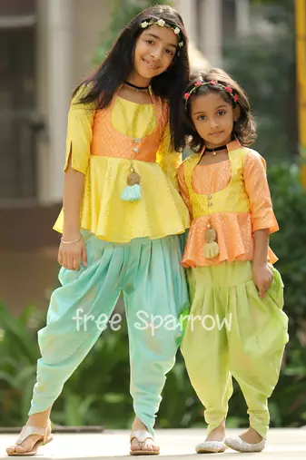 Orange, Yellow, Light Green Peplum Top with Dhoti