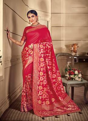 Red woven silk blend saree with blouse 1