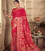 Red woven silk blend saree with blouse