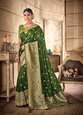 Mehendi woven silk blend saree with blouse 1