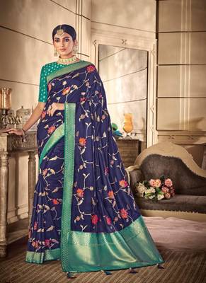   royal blue woven silk blend saree with blouse 1