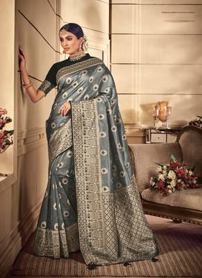 Grey woven silk blend saree with blouse 1