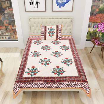Cotton Jaipuri Hand Printed Floral Single Bedsheet with One Pillow Cover 2
