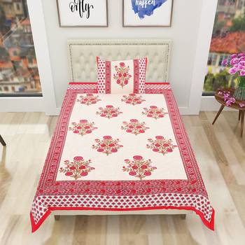Cotton Jaipuri Hand Printed Floral Single Bedsheet with One Pillow Cover 1