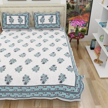 Jaipuri Hand Block Printed Traditional Cotton Double Bedsheet with 2 Pillow Covers 2