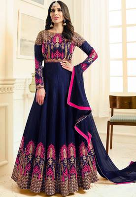 Navy blue  Embroidered art silk semi stitched Anarkali 1