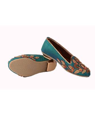Teal,Hand embroidered,Cotton silk,moccasins 1