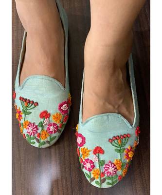 Sky blue,Hand embroidered,silk, moccasins 1