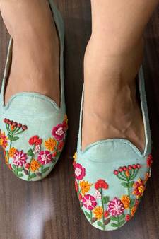 Sky blue,Hand embroidered,silk, moccasins