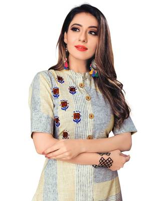 cream Lilen Hand Work Women   s Kurta & Kurti 4