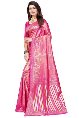 Pink Woven Banarasi Saree With Blouse 2