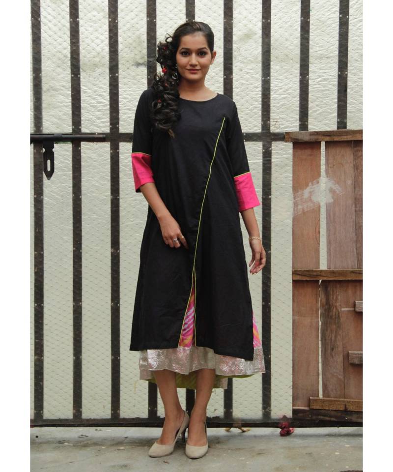 Black and Pink Cotton kurta Set