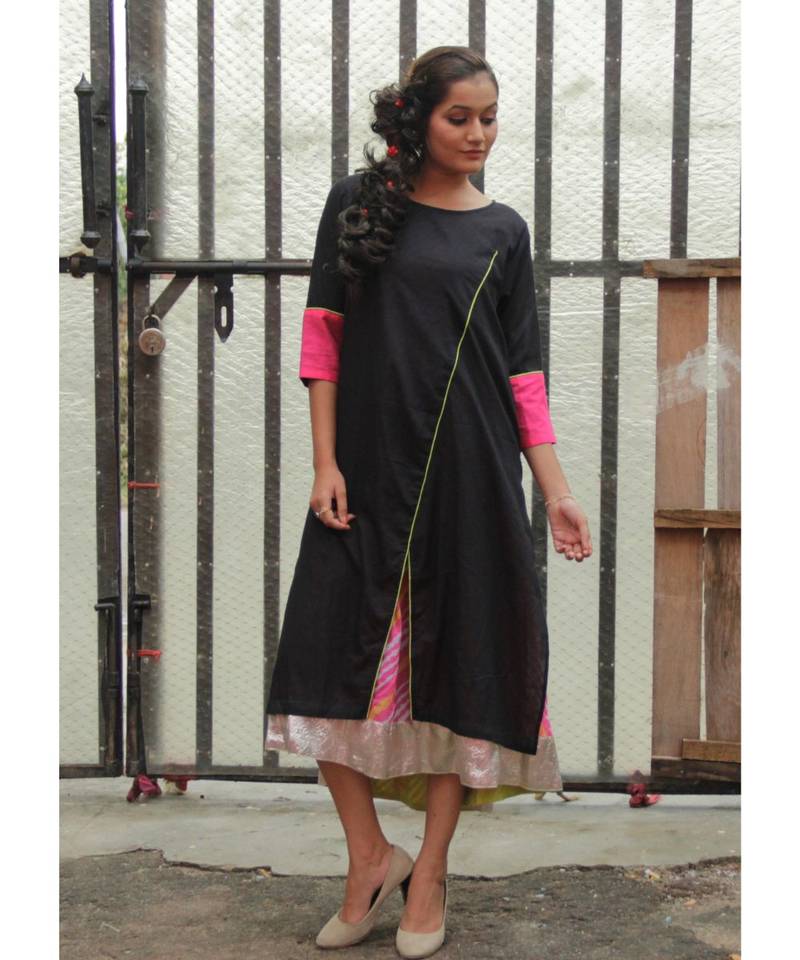 Black and Pink Cotton kurta Set