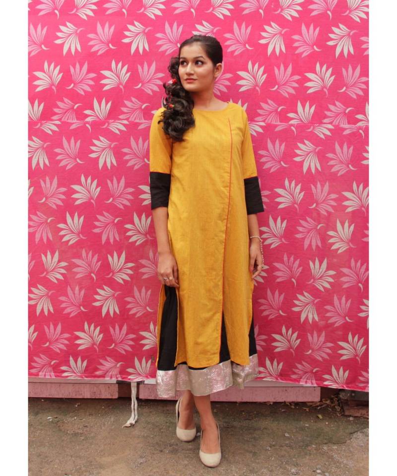 Yellow and Black Cotton kurta Set