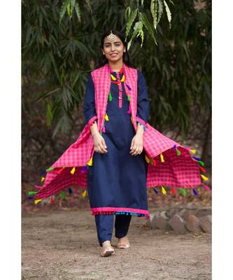 Navy Blue Cotton Kurta,Pants & Jacket- Set of three 1