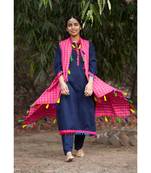 Navy Blue Cotton Kurta,Pants & Jacket- Set of three