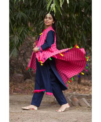 Navy Blue Cotton Kurta,Pants & Jacket- Set of three 2
