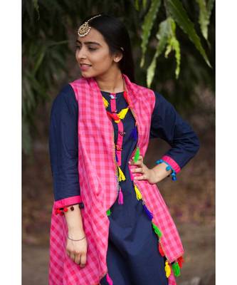 Navy Blue Cotton Kurta,Pants & Jacket- Set of three 3