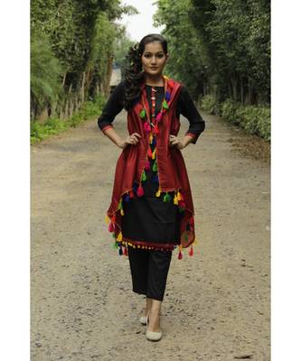 RedBlack Cotton Kurta,Pants & Jacket- Set of three 1