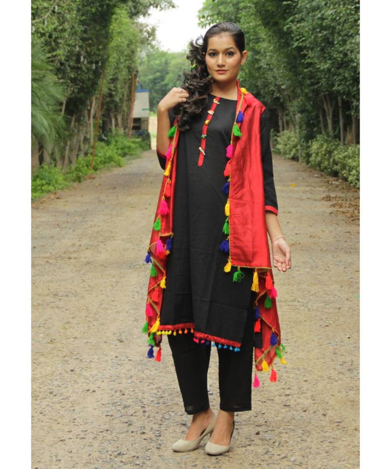 RedBlack Cotton Kurta,Pants & Jacket- Set of three