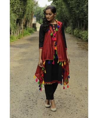 RedBlack Cotton Kurta,Pants & Jacket- Set of three 3