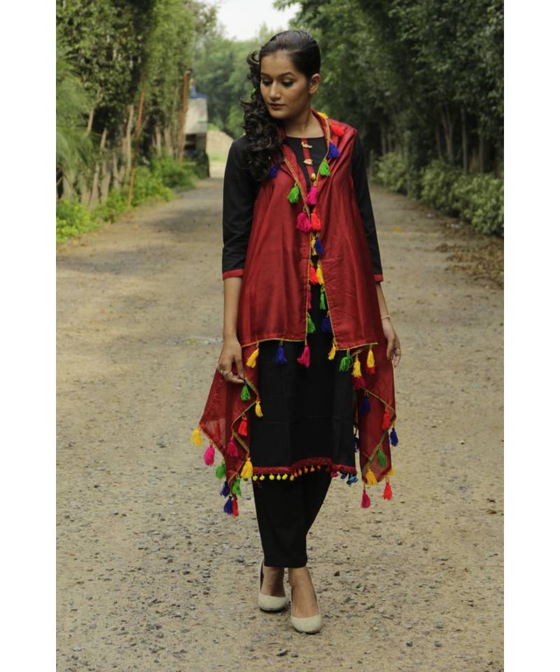 RedBlack Cotton Kurta,Pants & Jacket- Set of three