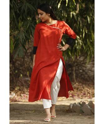 Rust Red Cotton Kurta and White Pants 1
