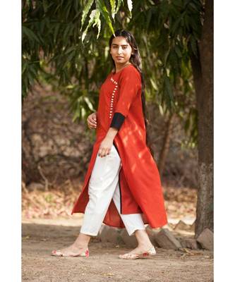 Rust Red Cotton Kurta and White Pants 3