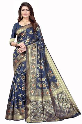 Blue Woven Banarasi Style Saree With Blouse 1