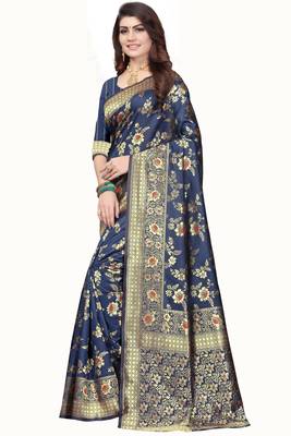 Blue Woven Banarasi Style Saree With Blouse 2