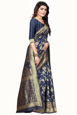Blue Woven Banarasi Style Saree With Blouse 3