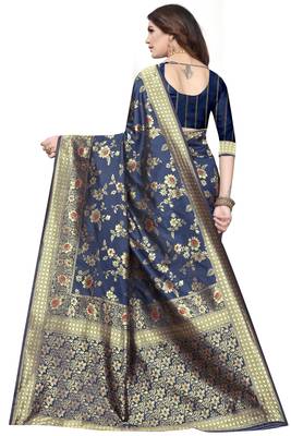 Blue Woven Banarasi Style Saree With Blouse 4