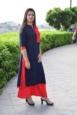Blue plain cotton ethnic-kurtis 3