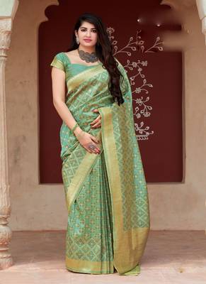   light turquoise woven tussar saree with blouse 1