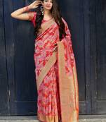   scarlet red woven banarasi saree with blouse